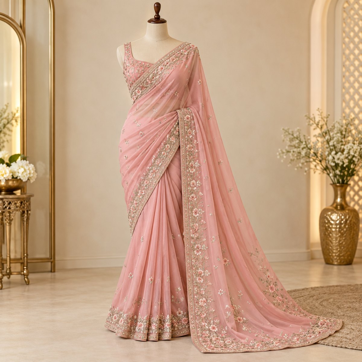 Blush Pink Chiffon Floral Saree
