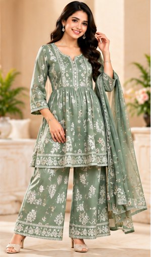 Emerald Green Embroidered Top Pant Set