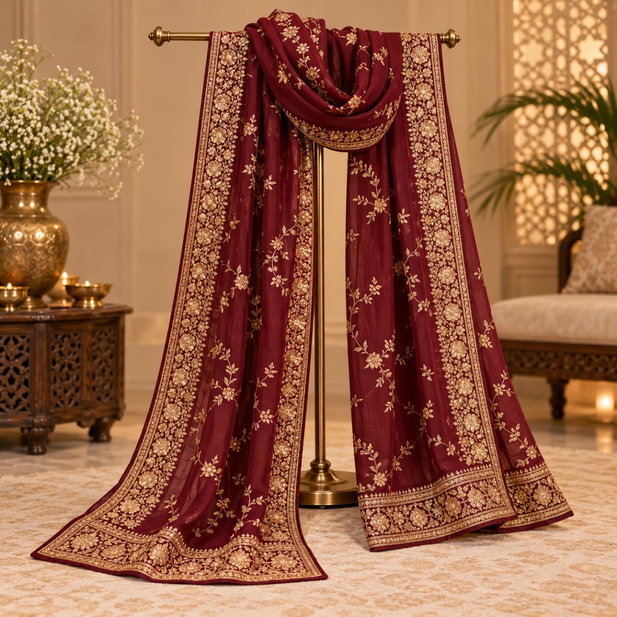 Wine Red Cotton Printed Dupatta