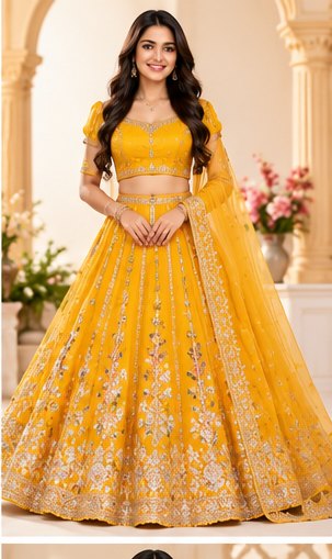 Mustard Yellow Mirror Work Lehenga Set