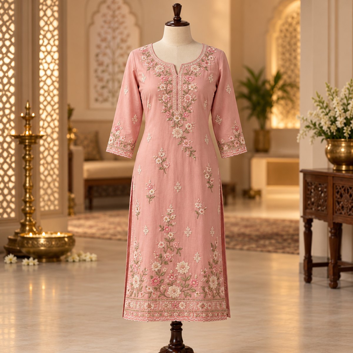Blush Pink Embroidered Rayon Kurti